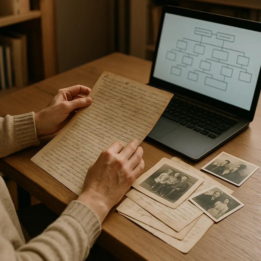 Genealogist researching family history documents and building detailed family tree